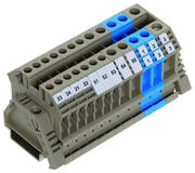 screw terminals arranged on DIN rail with markers