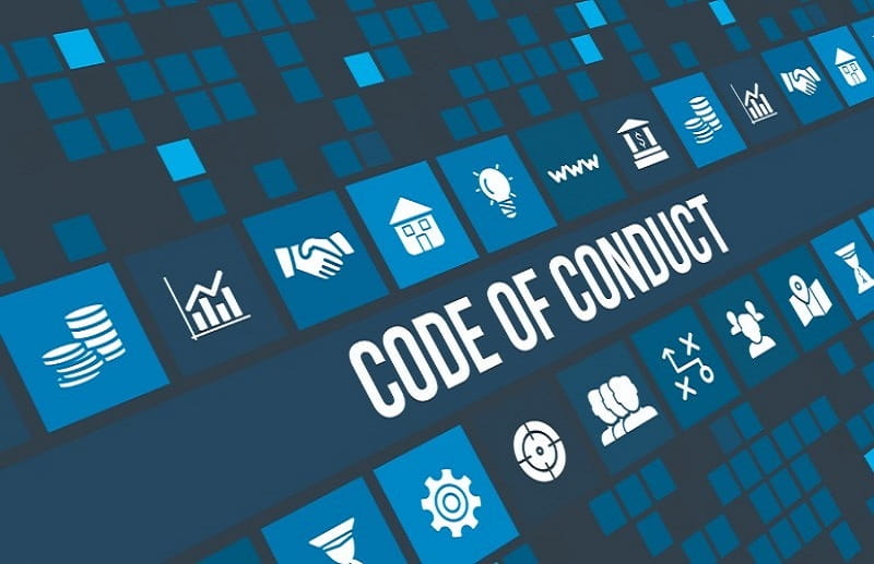 dark blue squared background, various icons lining diagonal from bottom left to top right, centre words 'code of conduct'