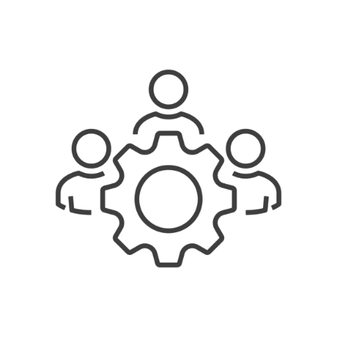 Icon of three figures of people around a gear cog - save resources using bespoke solutions