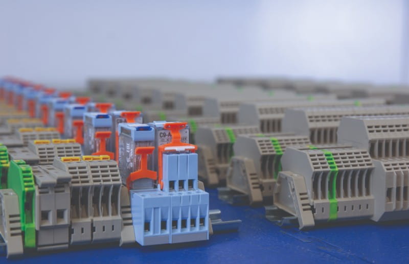 rows of different din rail terminal assemblies