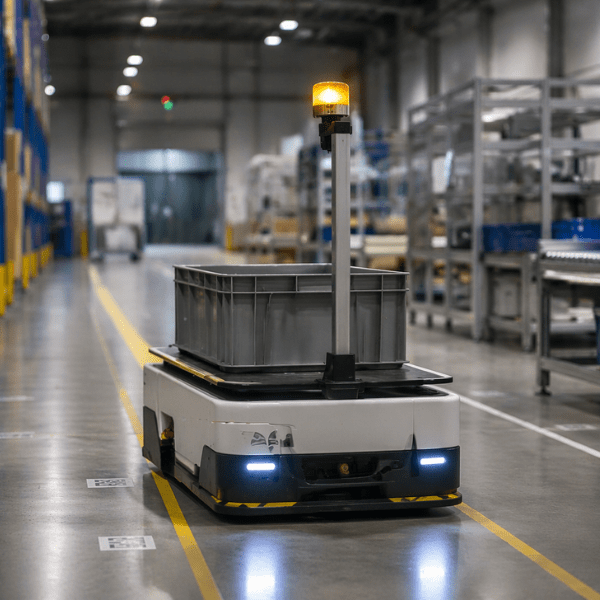 AGV carrying box in a warehouse with an amber beacon