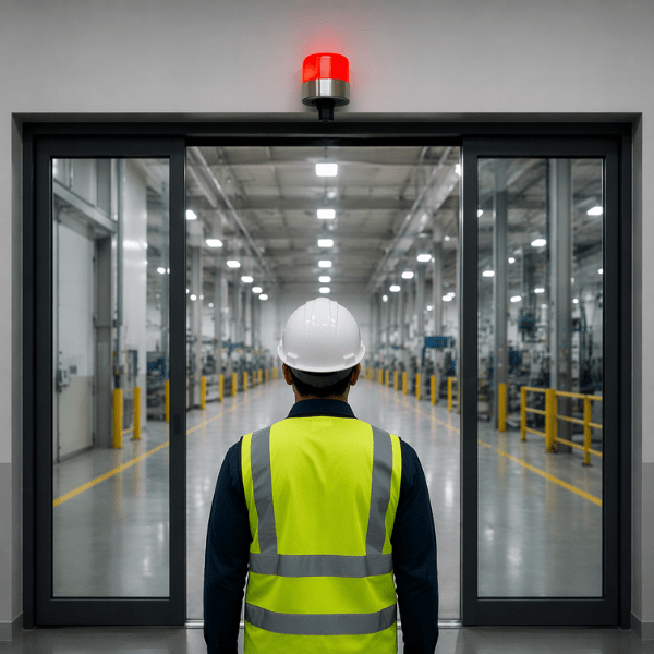 Person in hard hat and hi-vis standing infront of door, red beacon indicating not to enter