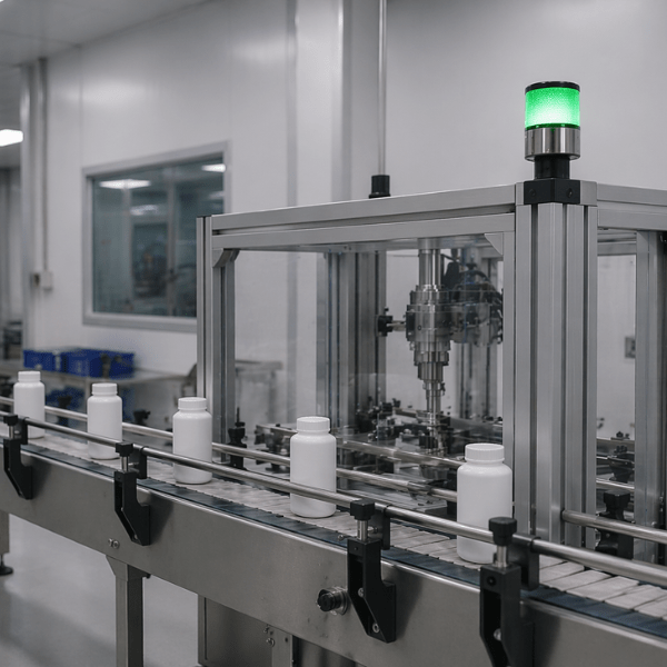 Automated production line - white bottles moving down a conveyor with a green beacon atop the machine