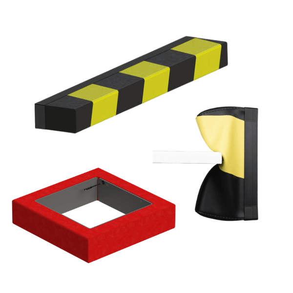 safety bumpers - red square bumper and black and yellow striped bumpers
