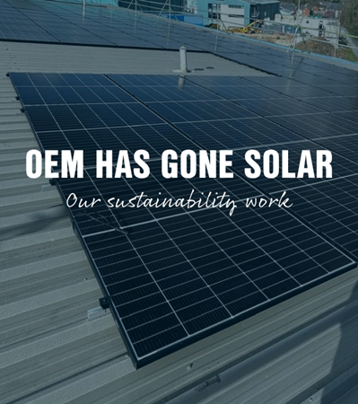 OEM building roof with solar panels. OEM has gone solar - our sustainability work
