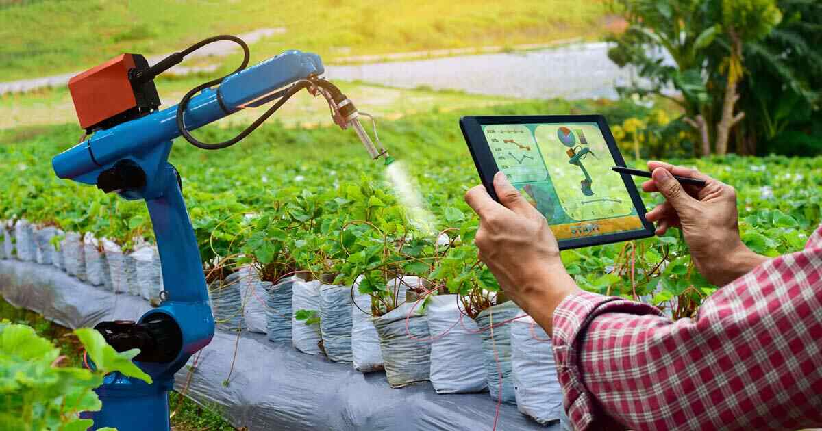 Motors used in agricultural applications, robotic arm spraying chemicals