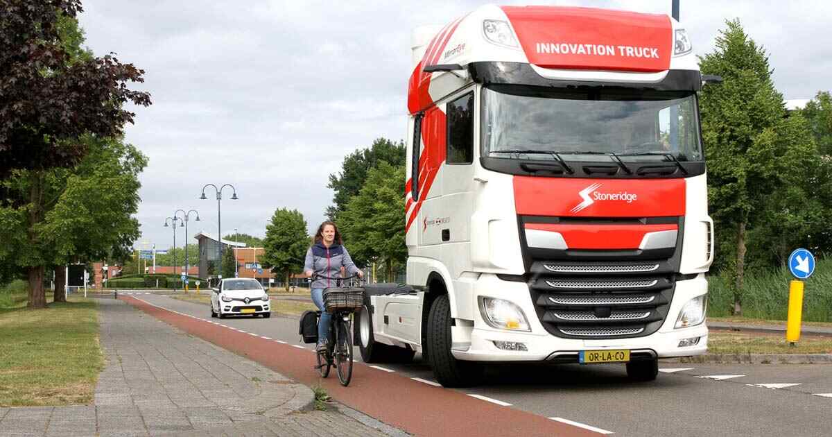 Stoneridge Orlaco SideEye mounted on truck for detection of cyclists and blind spots