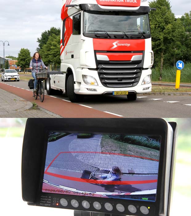 Stoneridge Orlaco SideEye mounted on truck for detection of cyclists and blind spots