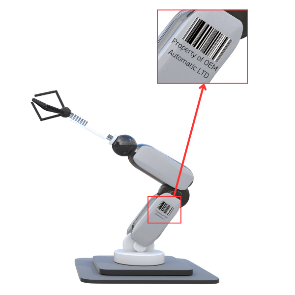 Robotic arm with barcode and property of oem automatic LTD printed on