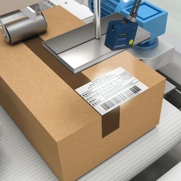 Cardboard box with barcode label and datalogic laser scanner over barcode, demonstrating barcode in logistics
