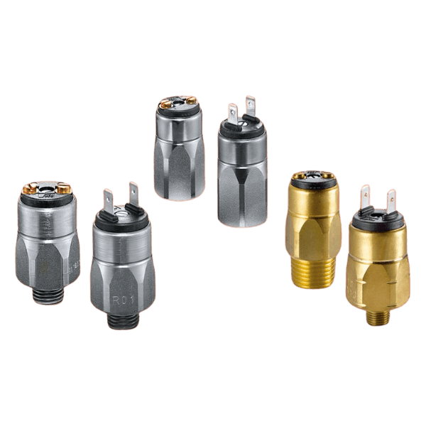 6 Suco pressure switches in brass and galvanised steel with screw and spade connections