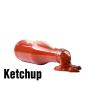 Glass bottle of ketchup on its side with ketchup spilling out of it
