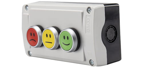 BACO pushbuttons box, three buttons red sad face, yellow straight face, green happy face