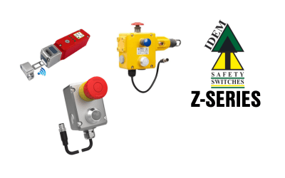 IDEM Z-Series safety products, solenoid interlock switch, belt alignment switch and emergency stop switch