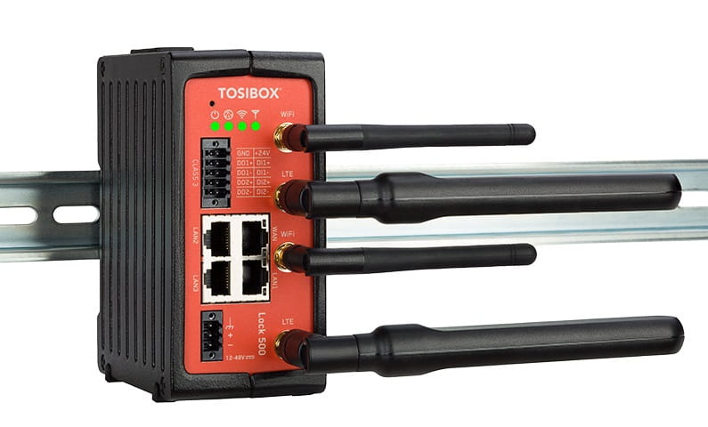 Tosibox lock500 remote management unit mounted on DIN rail