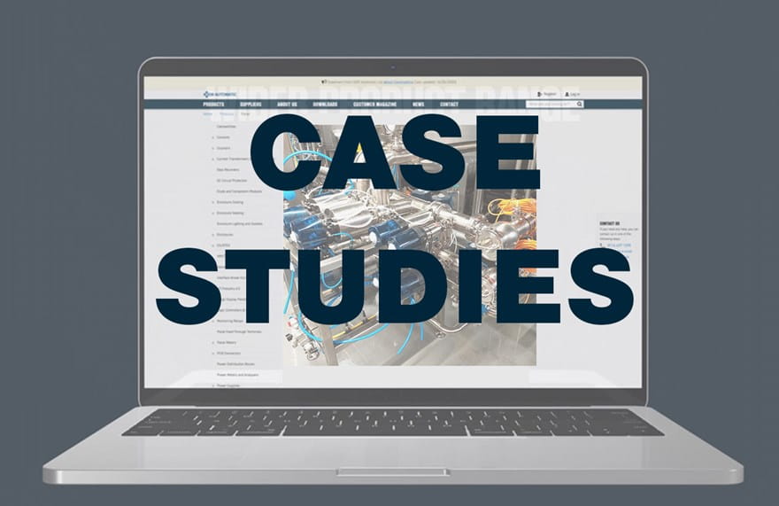 Laptop with 'CASE STUDIES' on it, advertising OEM's new case studies section