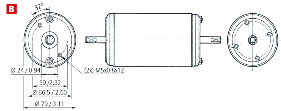 Cylindrical motor with dimensions and mounting holes, designed for industrial use.