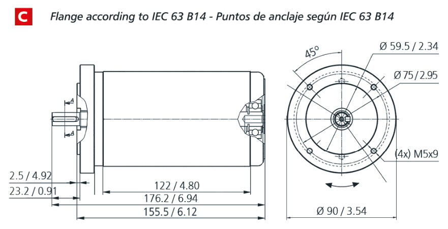 Flange according to IEC 63 B14 with dimensions and mounting points for industrial use