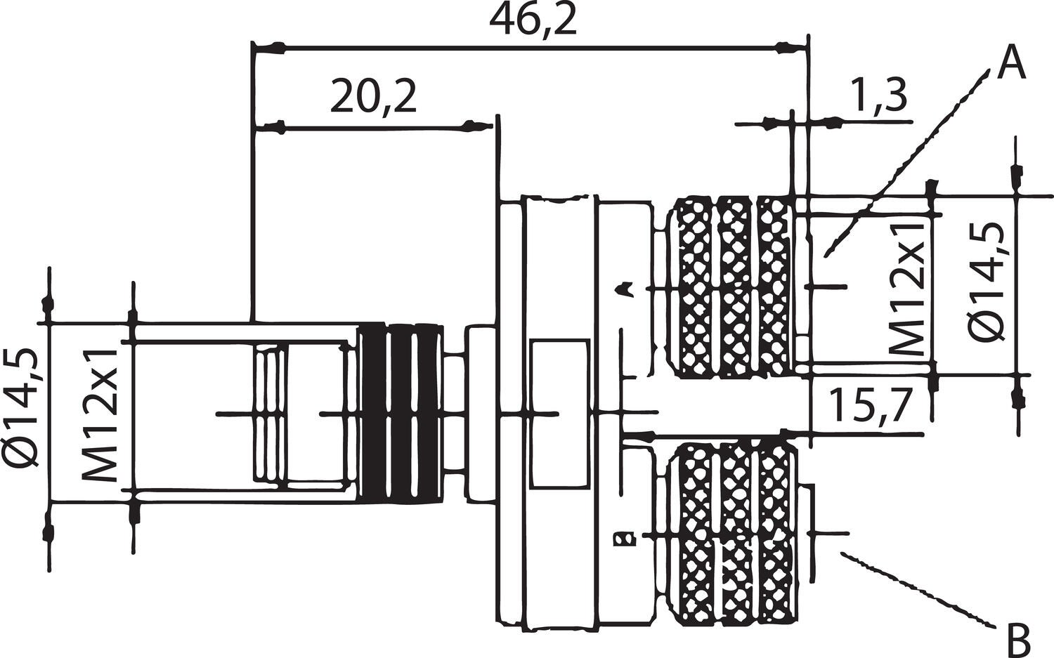 1xM12 male-2xM12 female dimension