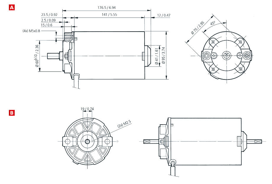Motor with detailed dimensions and specifications, suitable for industrial applications.
