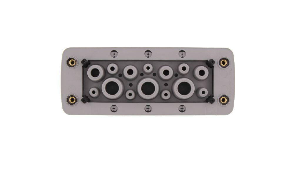 Product image of a grey connection plate with multiple connections for electrical components
