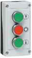 3 button push button box, vertical lined buttons, green, red, green