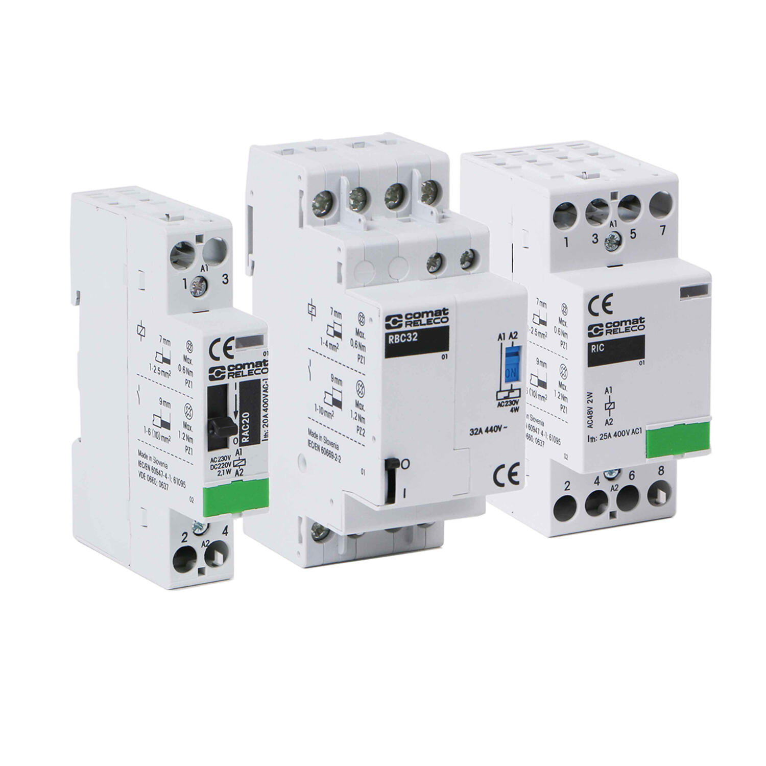 3 installation contactors from ComatReleco, RAC20, RBC32 and RIC25