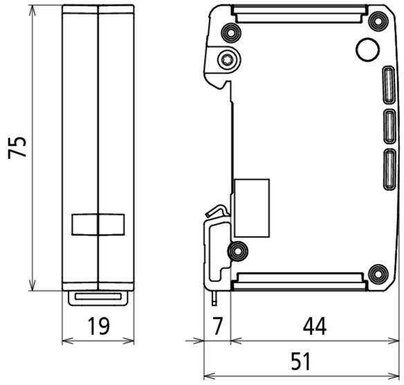 Drawing of DEHN product with dimensions 75x19x51 mm, designed for technical applications