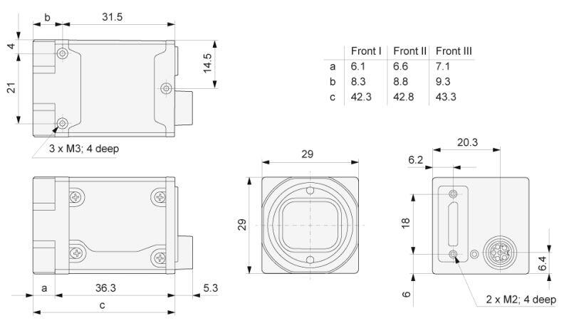 Drawing of the BASLER product a2a1920-160umPRO with dimensions and details for installation.