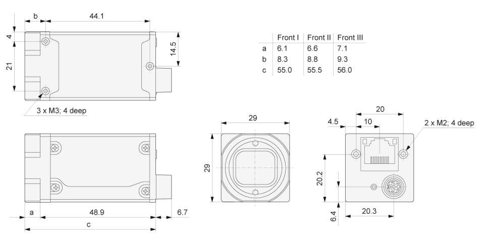 Drawing of BASLER component with dimensions and connections, model a2a1920-51gc