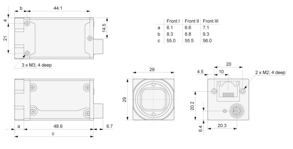 Drawing of BASLER unit with dimensions 44.1 x 21 x 14.5 mm, designed for industrial use.