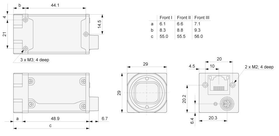 Drawing of BASLER component with dimensions and connections, model a2a1920-51gmPRO