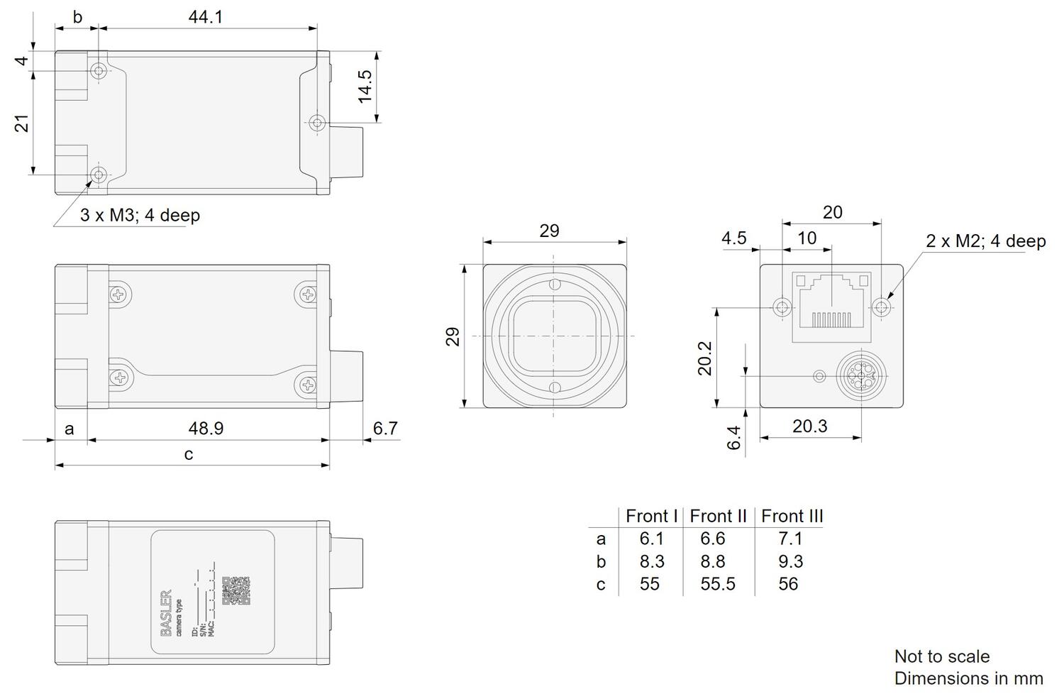 BASLER drawing of a unit with dimensions 48.9 x 29 x 21 mm, model A2A2840-67G5MUV