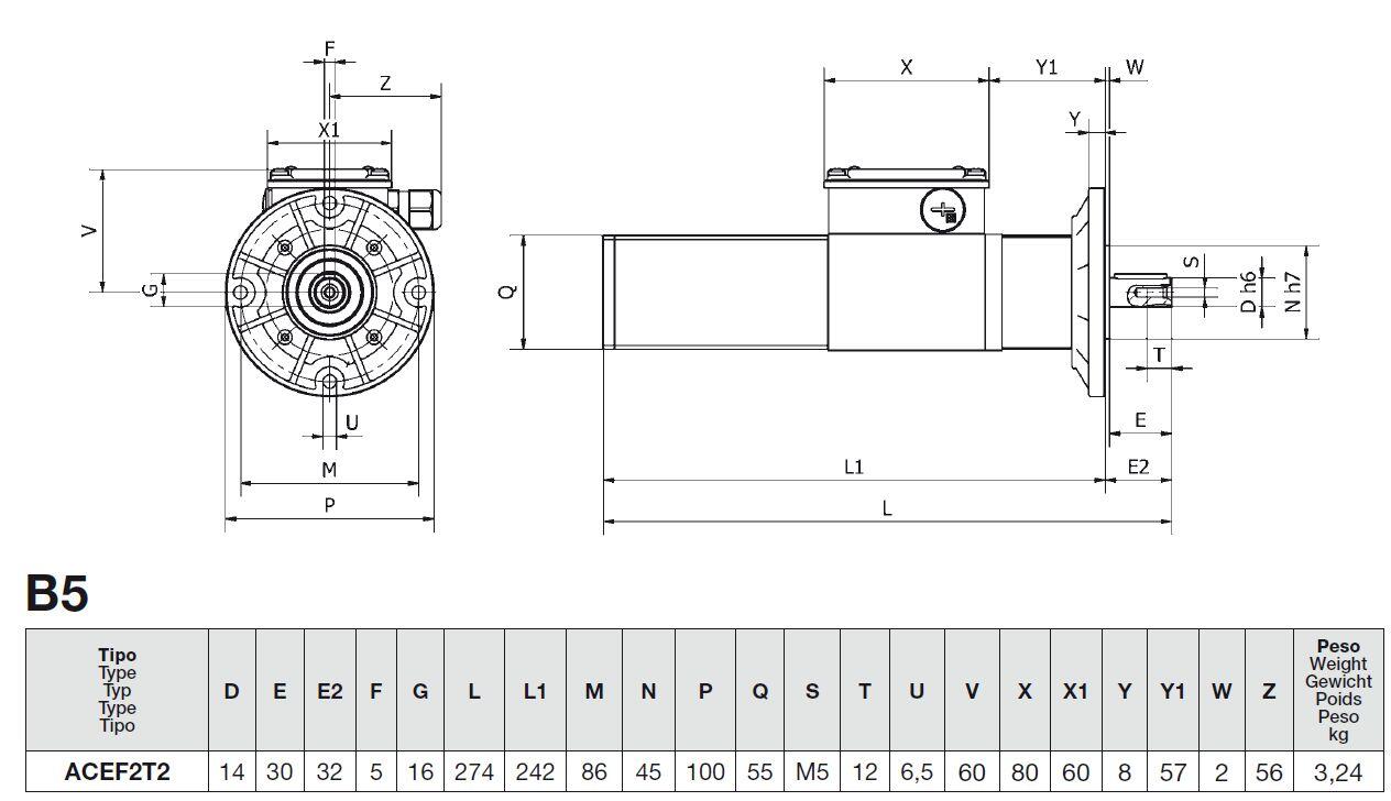 Drawing of ACEF B5, a motor with specifications for dimensions and weight.