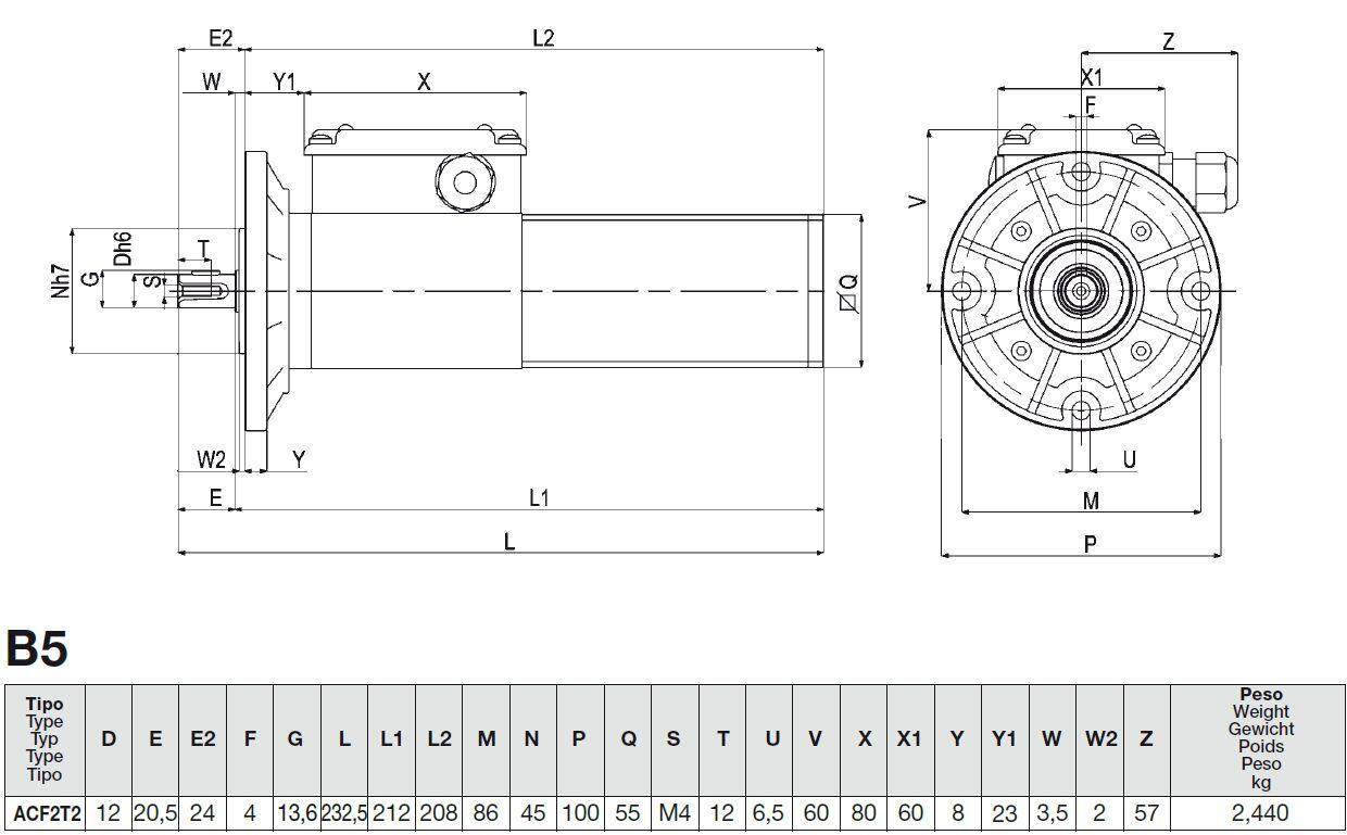 ACF B5 motor with detailed dimensions and specifications for technical use