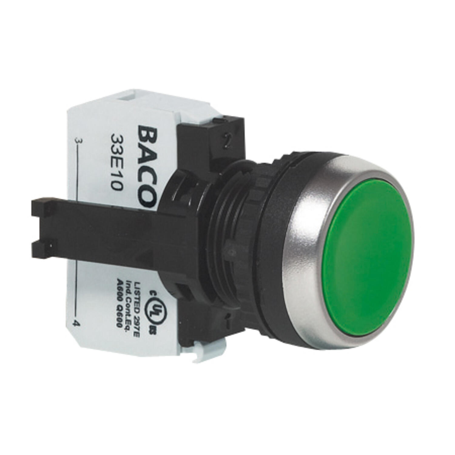 Baco pushbutton, contact block and clip assembled