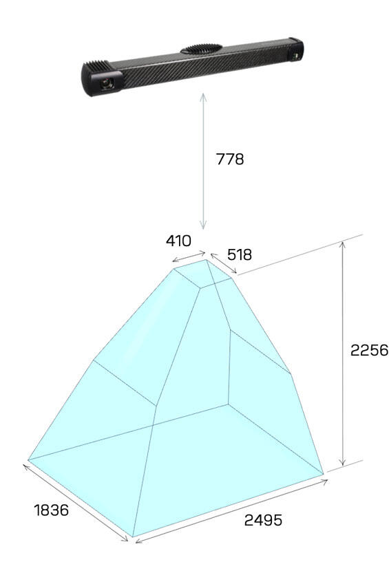 Product image of a transparent pyramidal structure with dimensions 2495x1836x2256 mm, designed for industrial use.