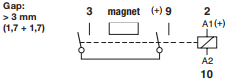 C3 blow-out magnet contact schematic showing linked contacts, coil terminals A1 and A2, and a contact gap greater than 3 mm