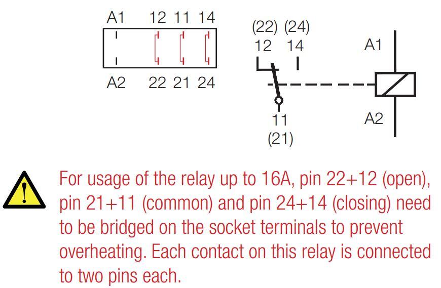 Relay C18-B15PTL connection diagram showing coil terminals A1 and A2, contact pins and bridging guidance to prevent overheating