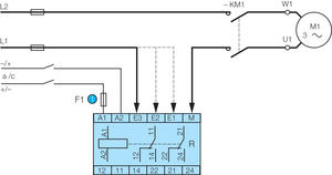 F1: Fast-blow fuse 1 A (recommendation) <br />NB: When monitoring dc from the same power supply that is connected at <br />A1 or A2, the connection point M must be connected directly to minus (-) in this power supply.