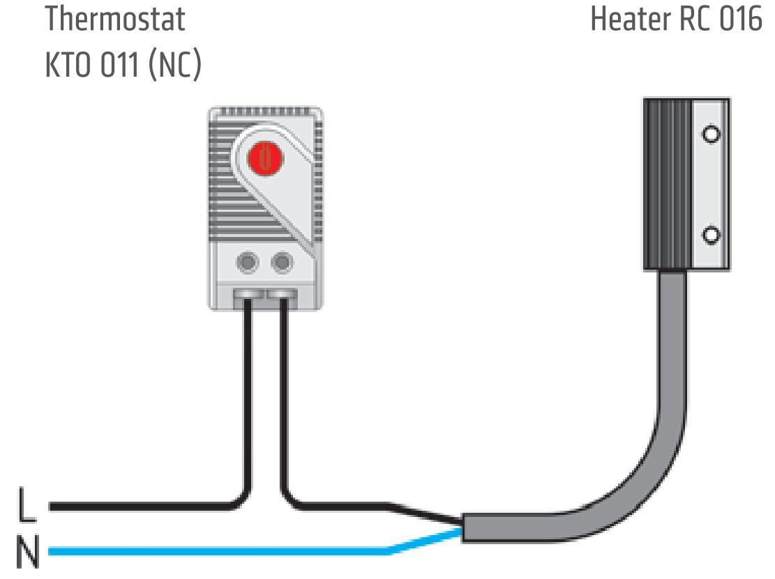 Thermostat KTO 011 (NC) connected to heater RC 016, illustrated with connections.