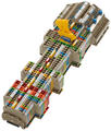Conta-clip pressure spring terminals in various sizes/colours mounted on DIN rail with markers and other accessories