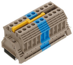 Conta-Clip screw terminals mounted on din rail with cross connectors