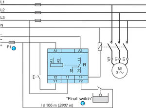 1: F1: Fast-blow fuse 1 A (recommendation)<br />2: Floats (input/output sensors)