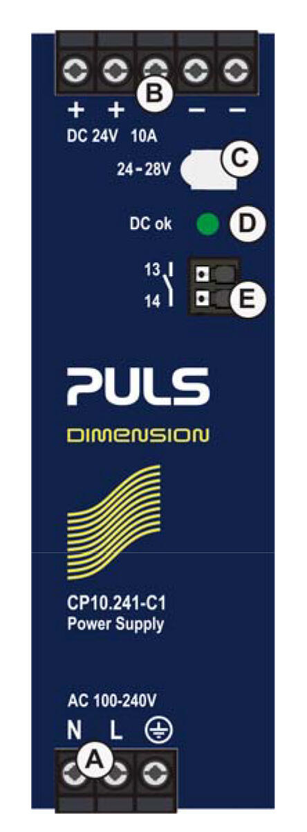PULS CP10.241-C1 power supply with DC 24V and 10A capacity, designed for industrial use.