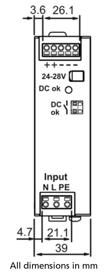 Product image of PULS CP10e241-s2 with dimensions and connections, designed for 24-28V use.