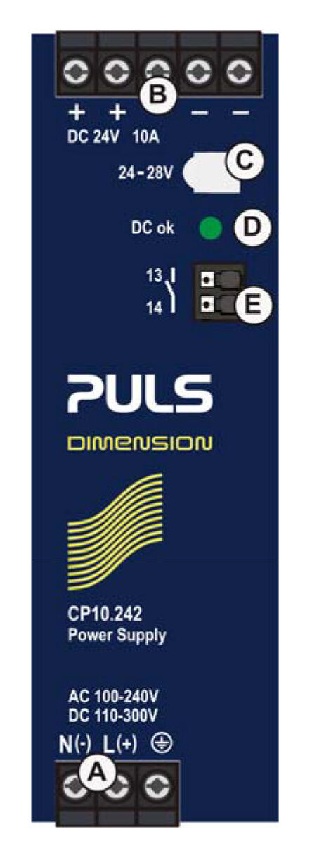 PULS CP10.242 power supply with DC 24V and AC 100-240V, designed for industrial use.
