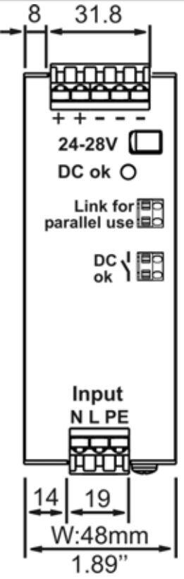 CP20 power supply module from PULS with dimensions and connections for 24-28V DC