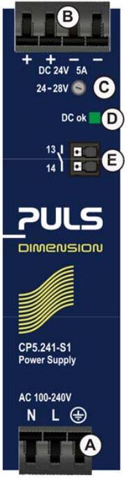 PULS CP5.241-S1 power supply with DC 24V and AC 100-240V connections