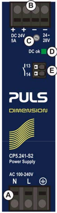 PULS CP5.241-S2 power supply with DC 24V and AC 100-240V, designed for industrial use